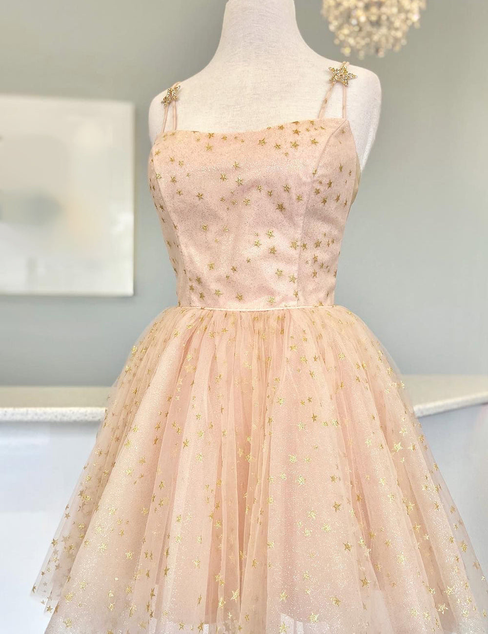 Straps Champagne A-Line Tulle Homecoming Dress with Gold Stars