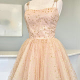 Straps Champagne A-Line Tulle Homecoming Dress with Gold Stars