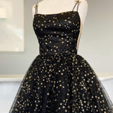 Straps Champagne A-Line Tulle Homecoming Dress with Gold Stars