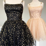 Straps Champagne A-Line Tulle Homecoming Dress with Gold Stars