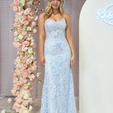 Margaret | Straps Light Blue V-Neck Sequin Appliques Mermaid Prom Dress