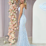 Margaret | Straps Light Blue V-Neck Sequin Appliques Mermaid Prom Dress