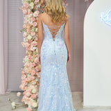 Margaret | Straps Light Blue V-Neck Sequin Appliques Mermaid Prom Dress