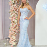 Margaret | Straps Light Blue V-Neck Sequin Appliques Mermaid Prom Dress