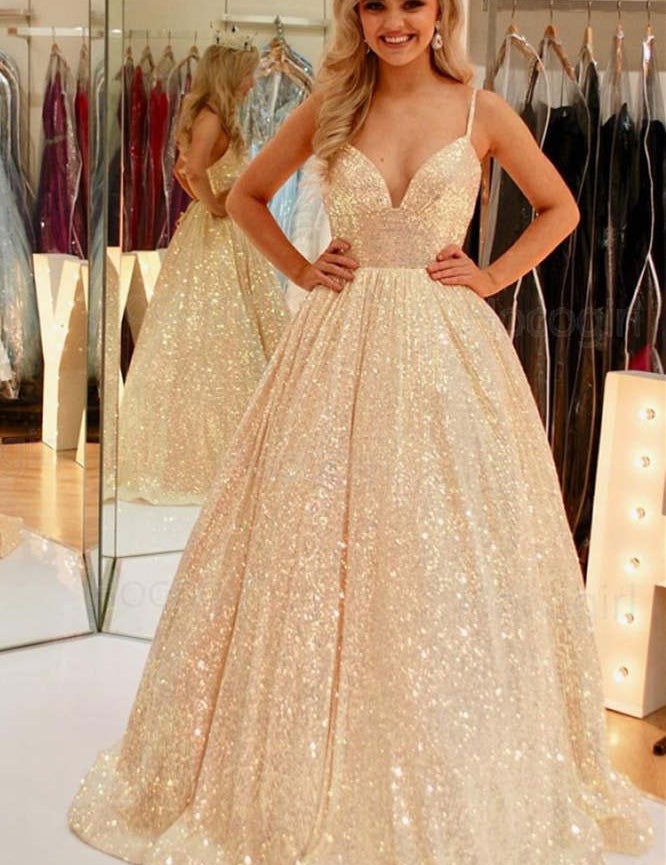 Stunning Pink Sequins A-Line Long Prom Dress