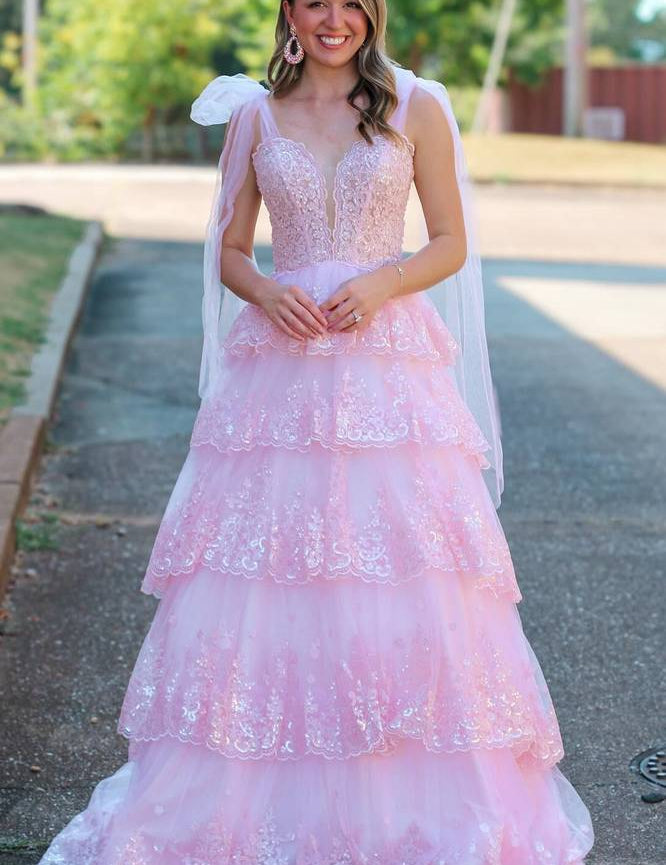 Thelma | Light Blue Tulle Appliques Tying Strap Ruffle Tiered Long Prom Dress