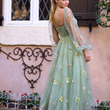 Sweetheart Embroidery Tea-Length Tulle Puff Sleeves Floral Corset Prom Dress