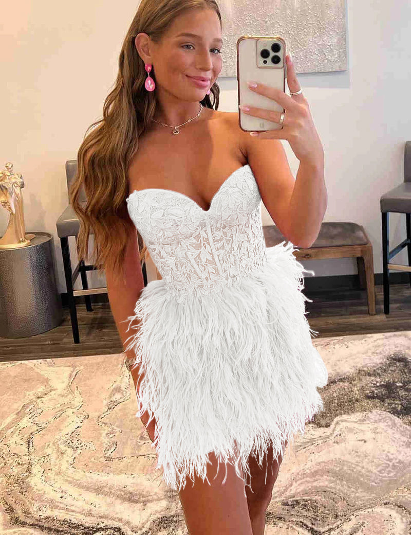 Amina |Sheath Sweetheart Lace Feather Skirt Homecoming Dress