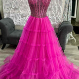 Eddye | Sweetheart Fuchsia Beaded Ruffles Tulle Prom Dress