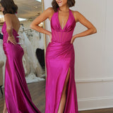 Sybella | Mermaid Magenta Halter Sheer Bodice Pleated Prom Dress with Slit