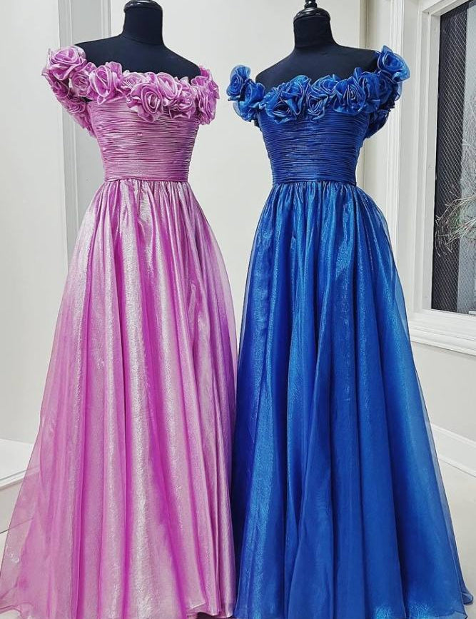 Teodora | Royal Blue Off the Shoulder A-Line Prom Dress with  3D Floral