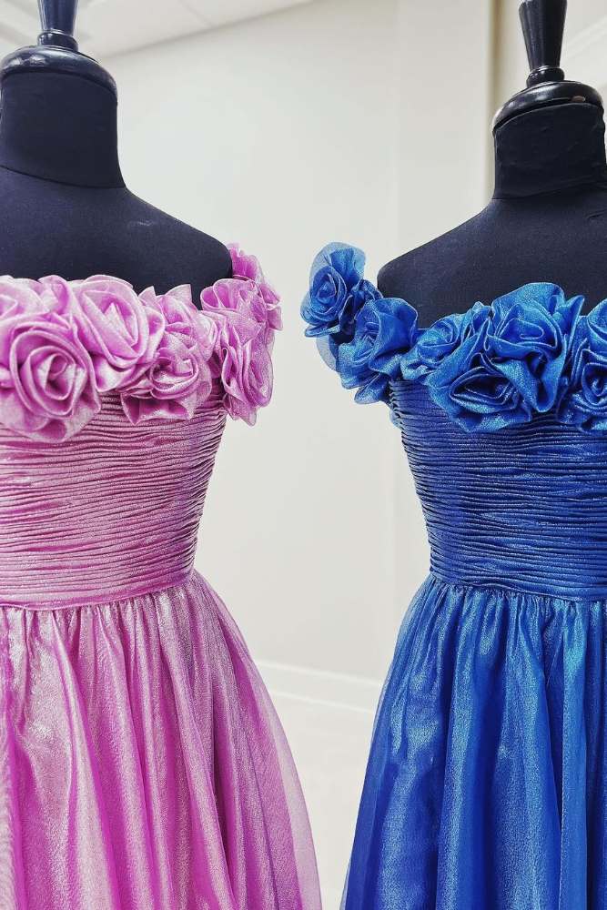 Teodora | Royal Blue Off the Shoulder A-Line Prom Dress with  3D Floral