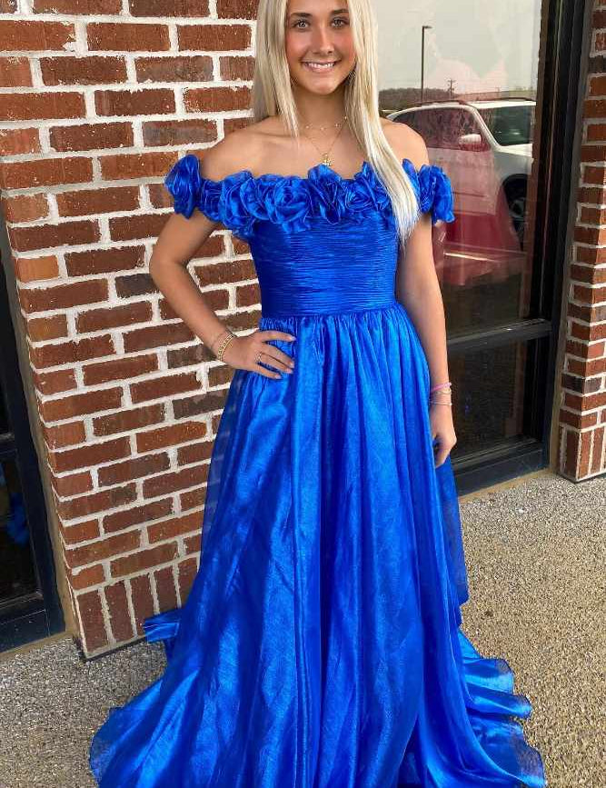 Teodora | Royal Blue Off the Shoulder A-Line Prom Dress with  3D Floral