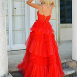 Tulle Deep V Neck Spaghetti Straps Long Prom Dress