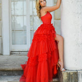 Tulle Deep V Neck Spaghetti Straps Long Prom Dress