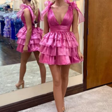 Trendy Pink A-Line Tiered Homecoming Dress with Bow