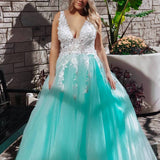 Turquoise Lace Applique Ball Gown Long Ball Gowns Quinceanera Dress