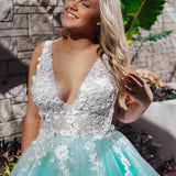 Turquoise Lace Applique Ball Gown Long Ball Gowns Quinceanera Dress