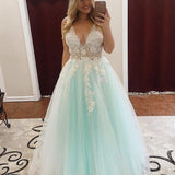 Turquoise Lace Applique Ball Gown Long Ball Gowns Quinceanera Dress