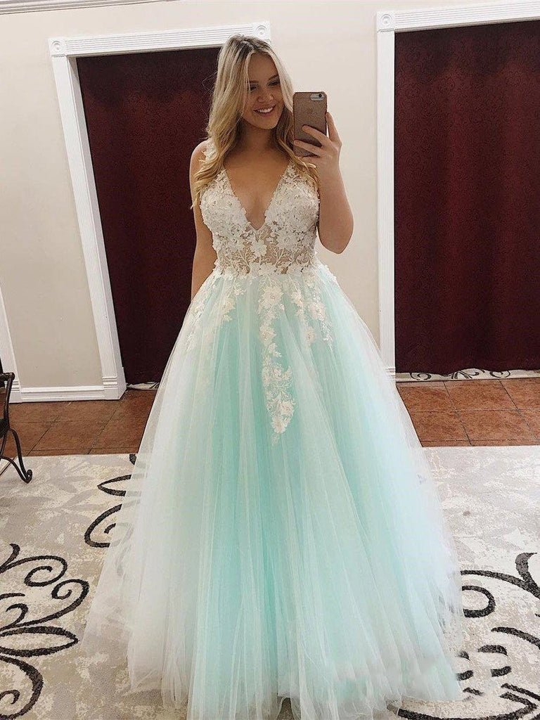 Turquoise Lace Applique Ball Gown Long Ball Gowns Quinceanera Dress