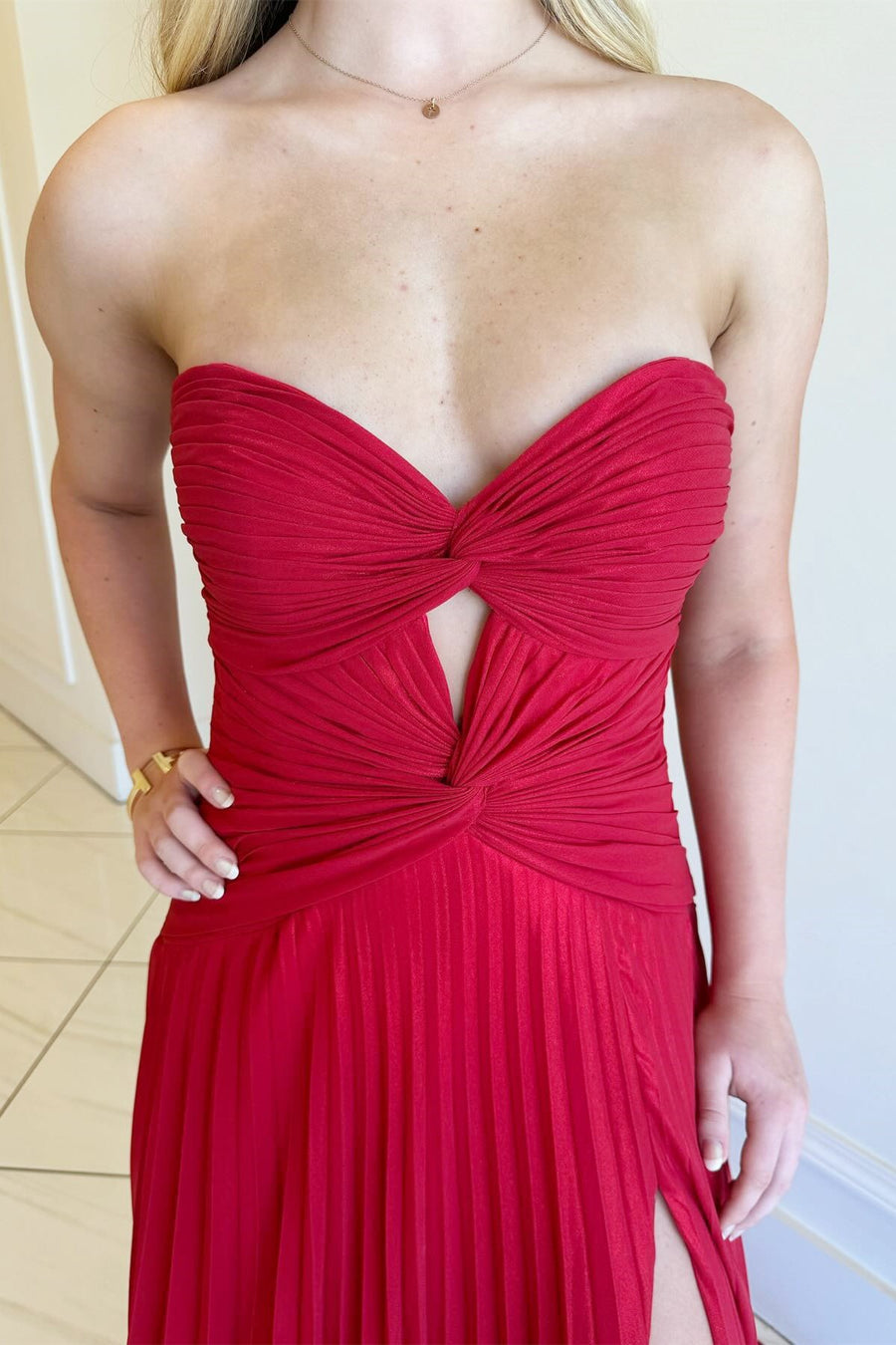 Tyrone | Hot Pink Strapless Keyhole Pleated A-Line Prom Dress