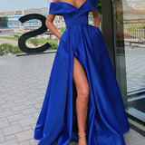 Marina| A-Line Prom Dresses Celebrity Style Dress Christmas Floor Length Short Sleeve V Neck Satin with Slit