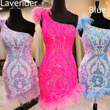 Unique Bodycon One Shoulder Hot Pink Sequins Lace Short Homecoming Dresses with Feather