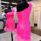 Unique Bodycon One Shoulder Hot Pink Sequins Lace Short Homecoming Dresses with Feather