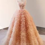 Unique Orange V Neck Tulle Sequin Orange Pink Long Quinceanera Dress