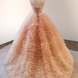 Unique Orange V Neck Tulle Sequin Orange Pink Long Quinceanera Dress