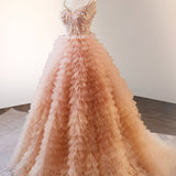 Unique Orange V Neck Tulle Sequin Orange Pink Long Quinceanera Dress