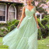 V-neck Dotted Floor Length Tulle Prom Dress