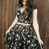 V-Neck Floral Black Homecoming Dress with Beaded Waist