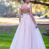 V-neck Lace Bow Straps Floor Length Tulle Prom Dress