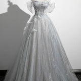 Tiana | Gray A-Line Off the Shoulder Tulle Prom Dress, Lovely Corset Floor Length Party Dress