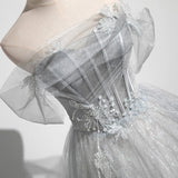 Tiana | Gray A-Line Off the Shoulder Tulle Prom Dress, Lovely Corset Floor Length Party Dress