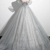 Tiana | Gray A-Line Off the Shoulder Tulle Prom Dress, Lovely Corset Floor Length Party Dress