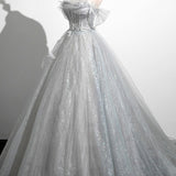 Tiana | Gray A-Line Off the Shoulder Tulle Prom Dress, Lovely Corset Floor Length Party Dress