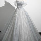 Tiana | Gray A-Line Off the Shoulder Tulle Prom Dress, Lovely Corset Floor Length Party Dress