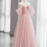 Adalee | Pink Tulle Floor Length Prom Dress, Cute A-Line Evening Party Dress