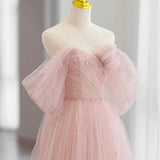 Adalee | Pink Tulle Floor Length Prom Dress, Cute A-Line Evening Party Dress