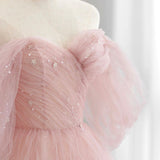 Adalee | Pink Tulle Floor Length Prom Dress, Cute A-Line Evening Party Dress