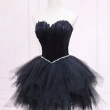 Ila | Black Tulle Short Prom Dress with Feather, A-Line Sweetheart Neckline Party Dress