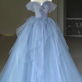 Kyra | Blue Tulle Floor Length Prom Dress, Off the Shoulder Evening Dress with 3D Flowers