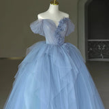 Kyra | Blue Tulle Floor Length Prom Dress, Off the Shoulder Evening Dress with 3D Flowers