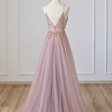 Yareli | Pink Tulle Long A-Line Prom Dress, Pink Spaghetti Formal Dress with Beaded