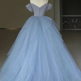 Kyra | Blue Tulle Floor Length Prom Dress, Off the Shoulder Evening Dress with 3D Flowers