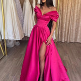 Murphy | Stylish A-Line Off the Shoulder Satin Long Prom Dress, Hot Pink Satin Pleats Evening Dress with Slit