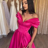 Murphy | Stylish A-Line Off the Shoulder Satin Long Prom Dress, Hot Pink Satin Pleats Evening Dress with Slit