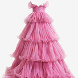 Vanessa |Pink Strapless A-Line Tiered Crinkled Tulle Prom Dress